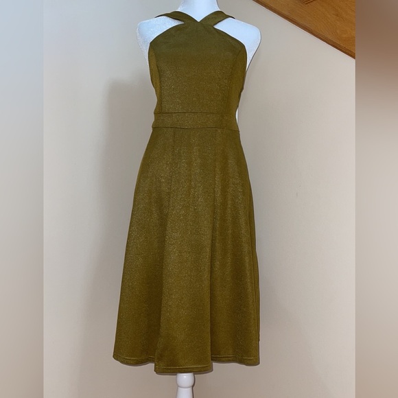 Women’s Cocktail Party Dress Size Large Shimmer Goldish Sexy Cross Neck Halter - Picture 4 of 9